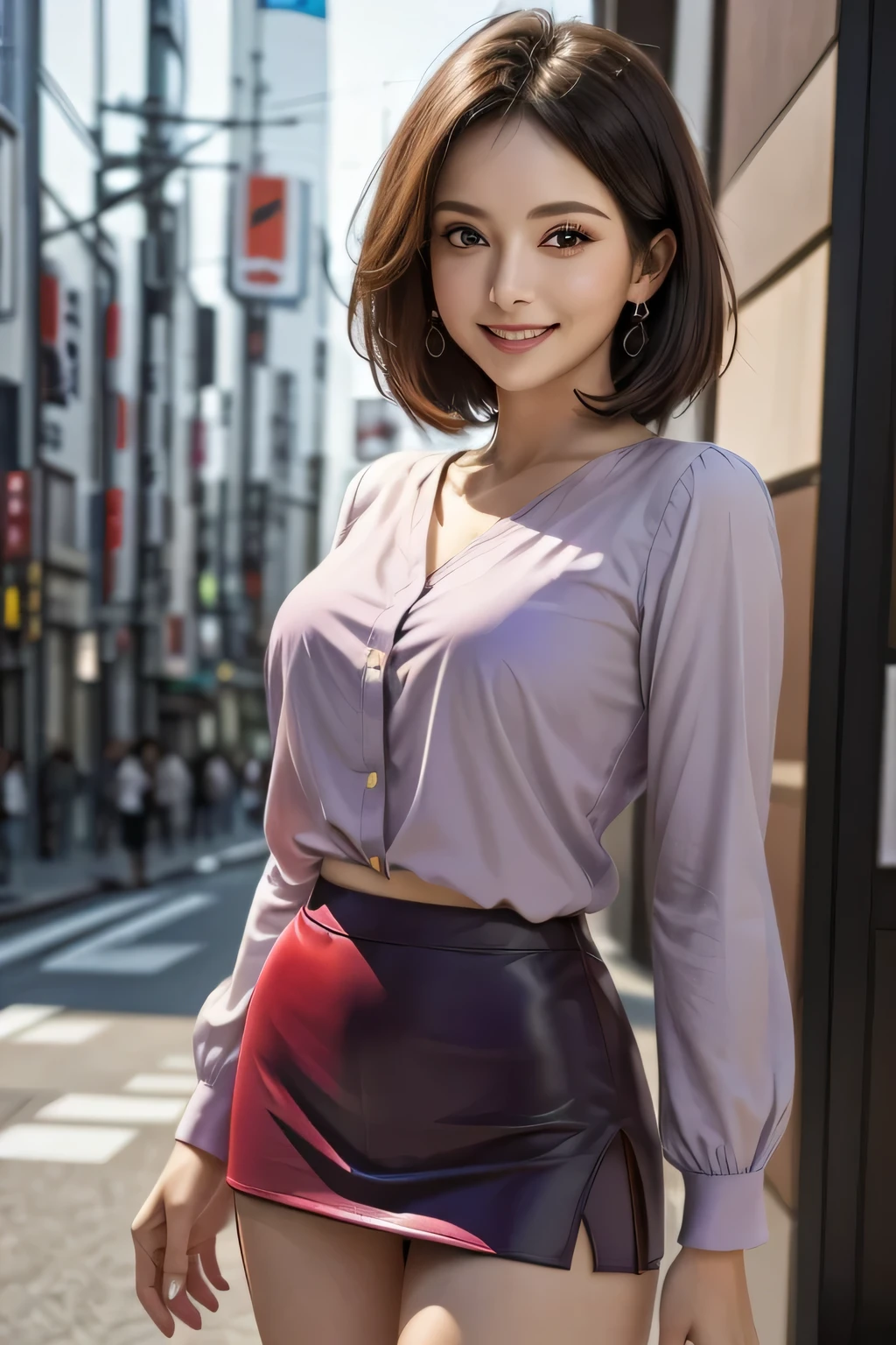 (1 The Ultimate Beautiful Mature Woman), Very detailedな顔, Beautiful brown eyes, double eyelid, Slightly thick detailed lip, Short black hair, (Light purple blouse:1.2), (Red tight mini skirt:1.4), Large Breasts, smile, Thighs, Perfect lighting, (Realistic:1.4), (Very detailed), (Highest quality), (Best Shadow), (masterpiece), Ultra-high resolution, With background: ((Ginza Art Gallery, Tokyo))