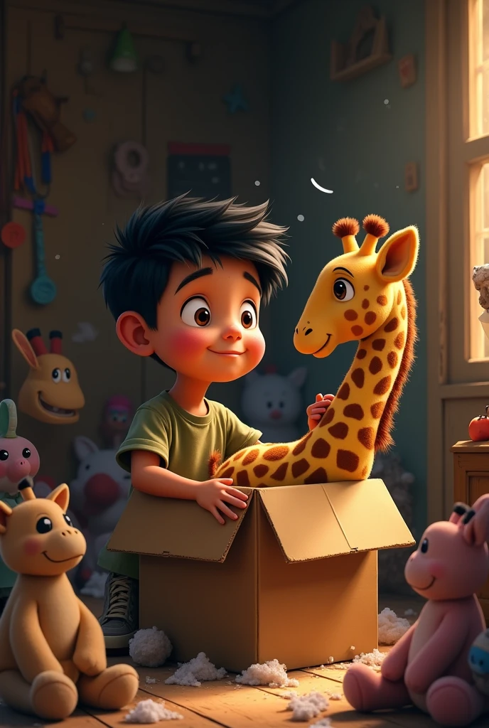 Latino boy taking out a stuffed giraffe among old toys from a cardboard box in the attic pixar style drawing