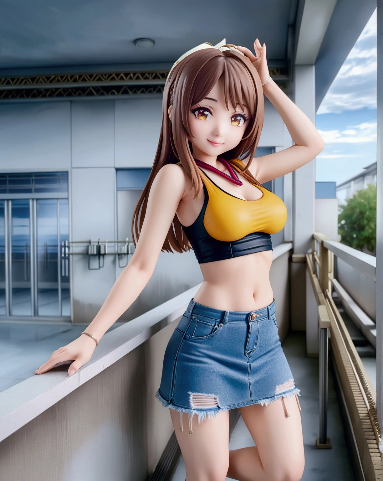 realistic anime illustration of young Asian woman is posing at balcony, she has dark brown hair, wearing black-yellow deep round neck tanktop, blue denim pencil skirt (1girl, solo, full body), (masterpiece, best quality, japanese anime style), (expressive eyes, perfect face)
