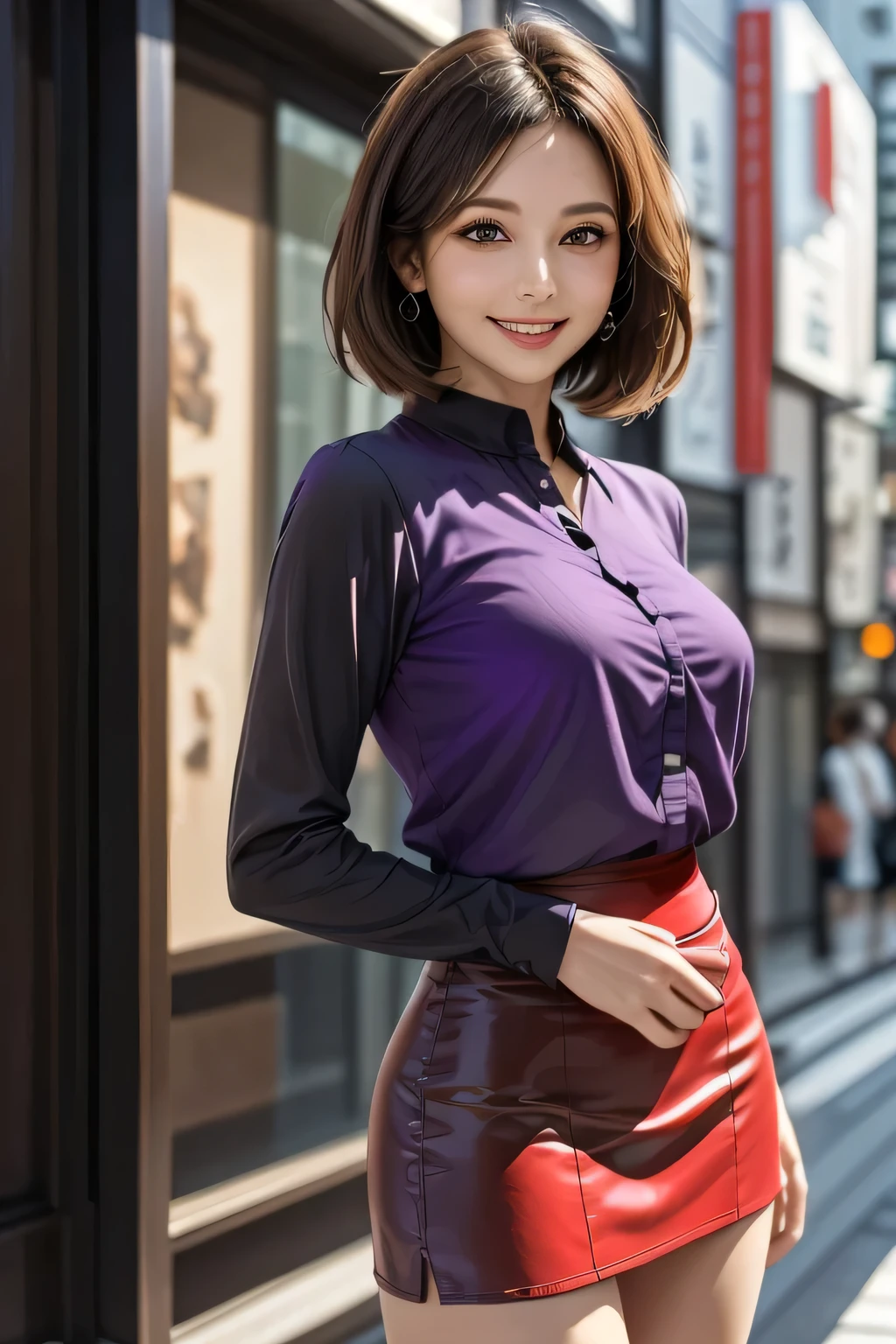 (1 The Ultimate Beautiful Mature Woman), Very detailedな顔, Beautiful brown eyes, double eyelid, Slightly thick detailed lip, Short black hair, (Light purple blouse:1.2), (Red tight mini skirt:1.4), Large Breasts, smile, Thighs, Perfect lighting, (Realistic:1.4), (Very detailed), (Highest quality), (Best Shadow), (masterpiece), Ultra-high resolution, With background: ((Ginza Art Gallery, Tokyo))