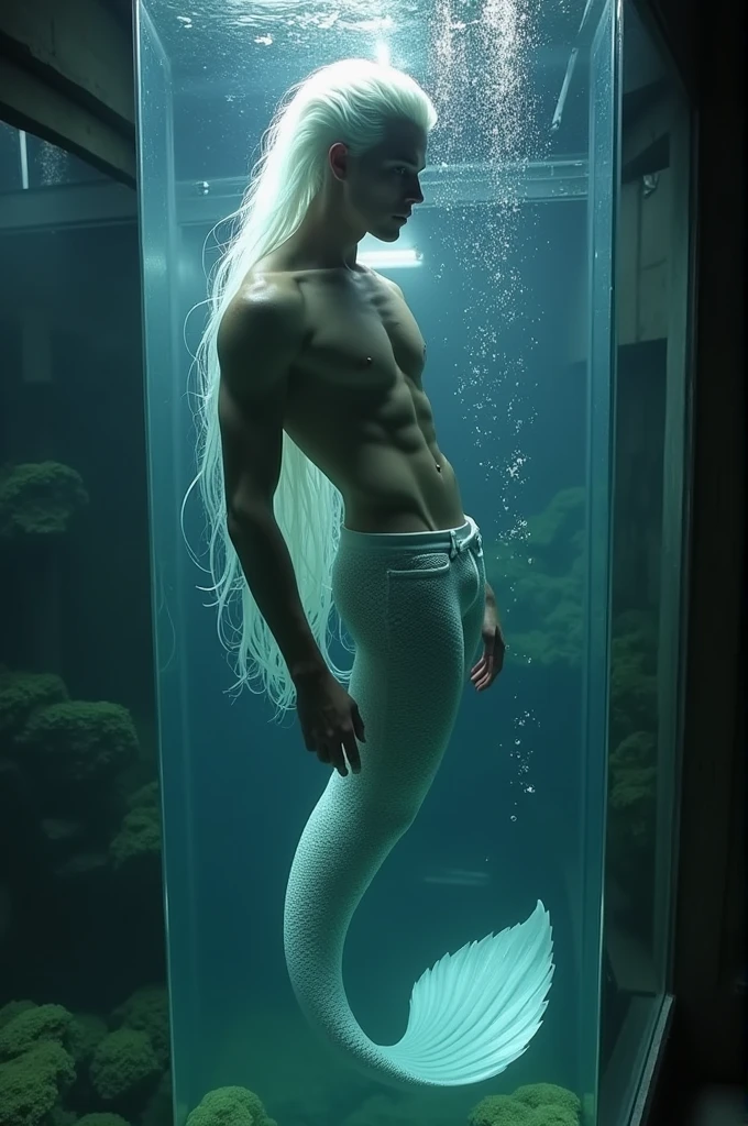 6'6 Young beautiful merman (male) with pale skin slim body and white long lushy hair and masculine dark face with long fishtail inside a water glass tank floating 