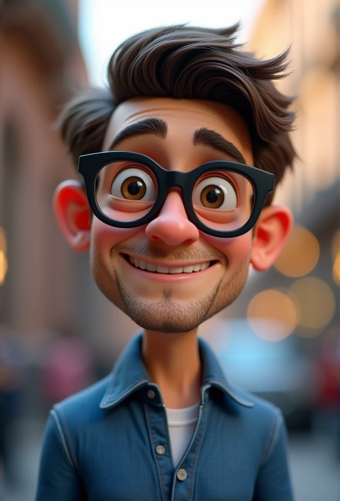 Cartoon character of a man wearing black glasses and a blue shirt, um personagem animado, Caractere estilizado, animation style rendering, 3D estilizado, Arnold Maya render, 3 d render stylized, toon render keyshot, Personagem 3D, Personagem 3D, 3d rendering stylized, 3 d character render, personagem de desenho animado, Personagem de close up, Pose de personagem, (Estilo Pixar) (master part:1.2) (Bokeh) (best quality) (pele detalhada) (textura detalhada) (8k) (argila) (Cinematic lighting) (foco nítido，Senta e vaza a parte superior do corpo