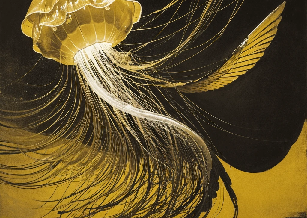 wing,very large,one jellyfish,monochrome,old painting,yellow background,Rantan,space,midlle ages,atomic