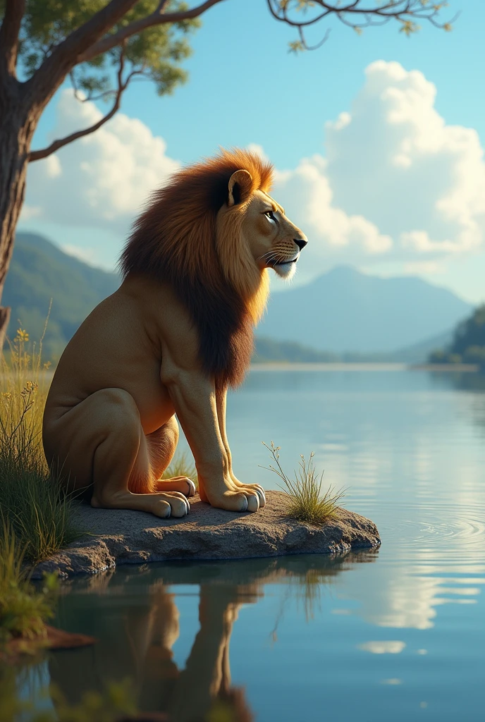 A loin looking at water