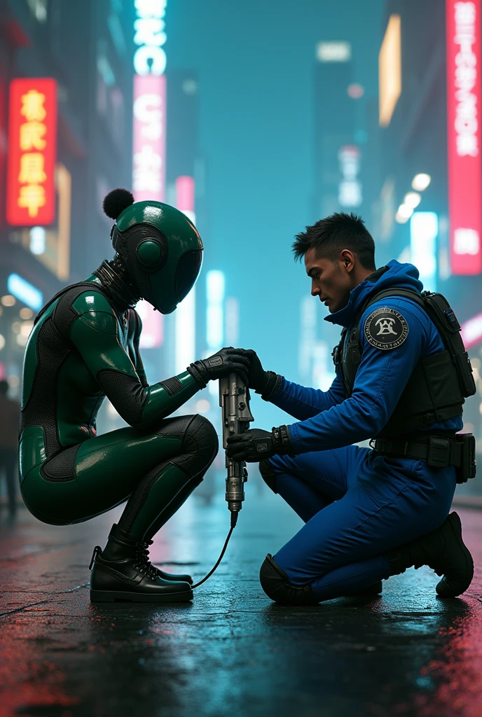 Cyberpunk Ingress enlightened agent wearing green and resistance agent wearing blue, facing the screen, kneeling down and holding a banner that says SECOND SUNDAY