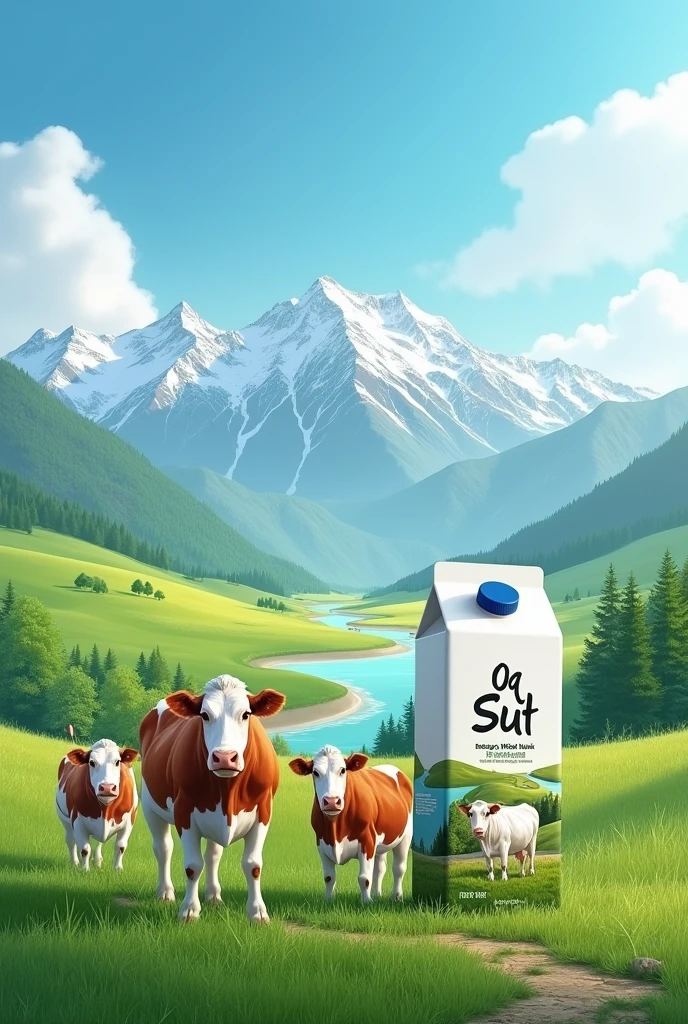 Tetra Pak milk packaging design , in Uzbekistan , with cows , mountains , River,  name OQ SUT