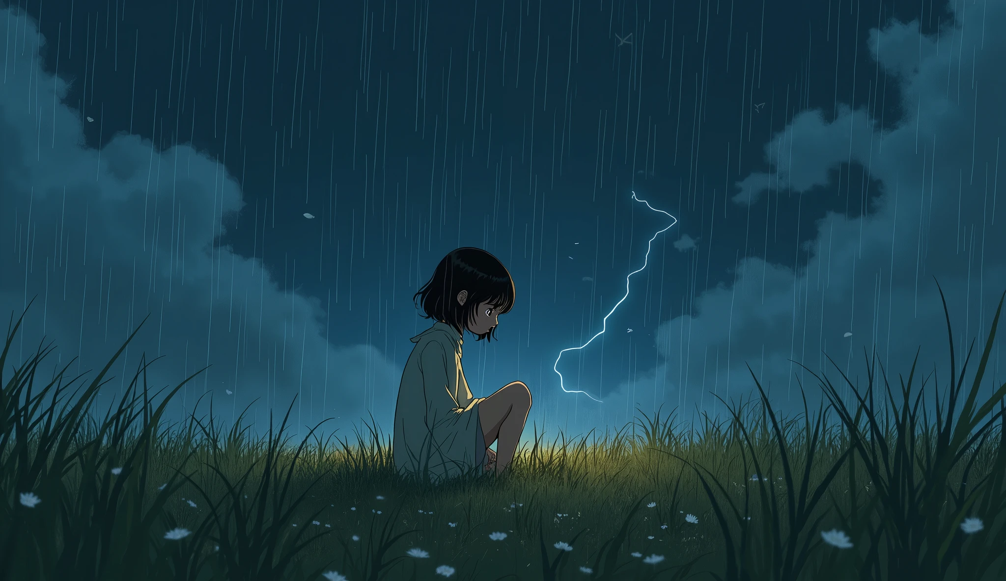 A GIRL ON KNEES AT NIGHT IN A FIELD ON A STORMY RAINY DAY, ART STYLE studio ghibliART STYLE studio ghibliART STYLE studio ghibli