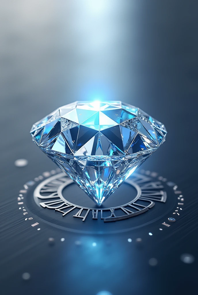 Create a luxurious logo featuring a diamond at the center. The diamond should have a brilliant cut, with sharp, reflective facets that catch the light and shimmer in various shades of blue, white, and silver. Surrounding the diamond, add subtle, elegant embellishments like fine lines or patterns that enhance the opulence of the design. The background should be a sleek stainless steel surface with a brushed texture, reflecting light softly to create a modern and sophisticated look. The overall style should be luxurious and elegant, evoking a sense of high-end quality."