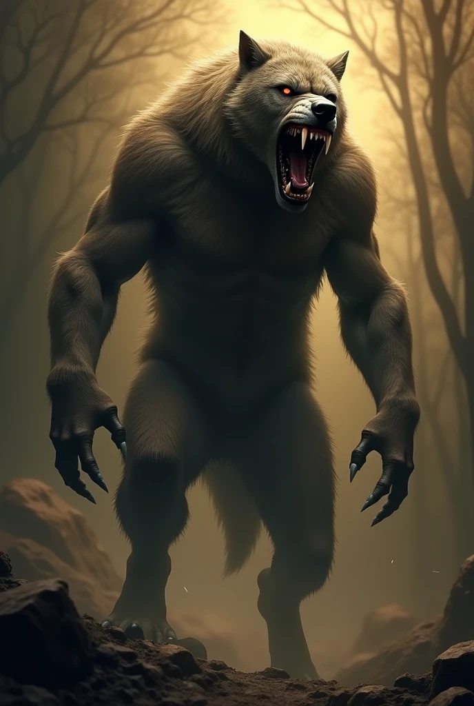 ((2D,CGI)) a howling werewolf,highly detailed,cinematic lighting,dramatic pose,alpha channel,concept art,digital painting,moody atmosphere,warm color palette,glowing eyes,sharp teeth,fur texture,muscular anatomy