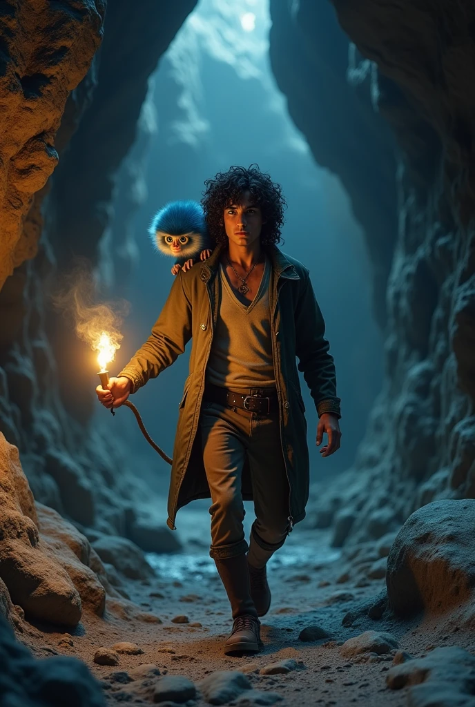 A twenty- man, with black hair, curly and long to the shoulders. green eyes. walks through a dark cave with a torch in his hand. On his shoulder is a small, blue-furred dwarf monkey.. photorealistic