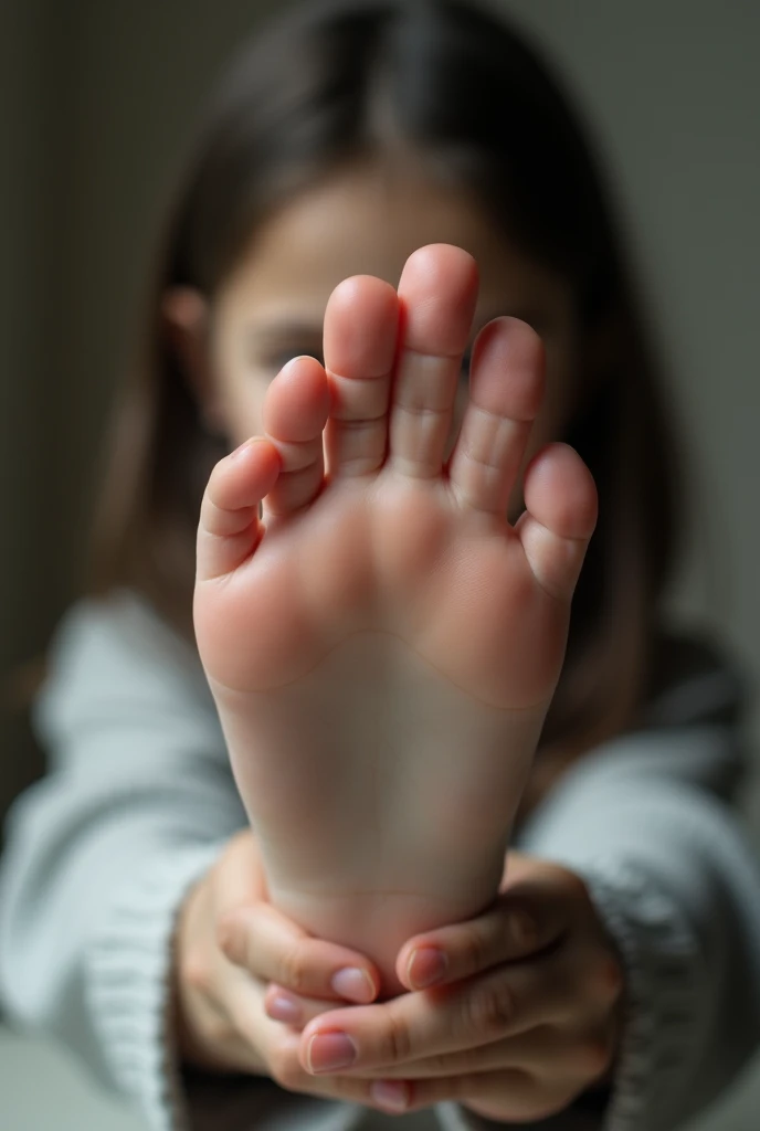 1 girl brings the bottom of her foot closer to the camera