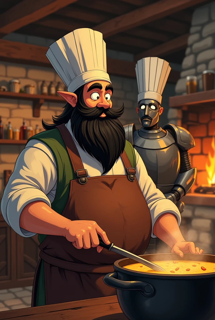 a medieval tavern with an adult dwarf with a black beard wearing an apron and chef's hat. and in the background an automaton inspired by a full medieval suit of armor wearing a chef's hat preparing a meal in a large pot. in the style of studio ghibli