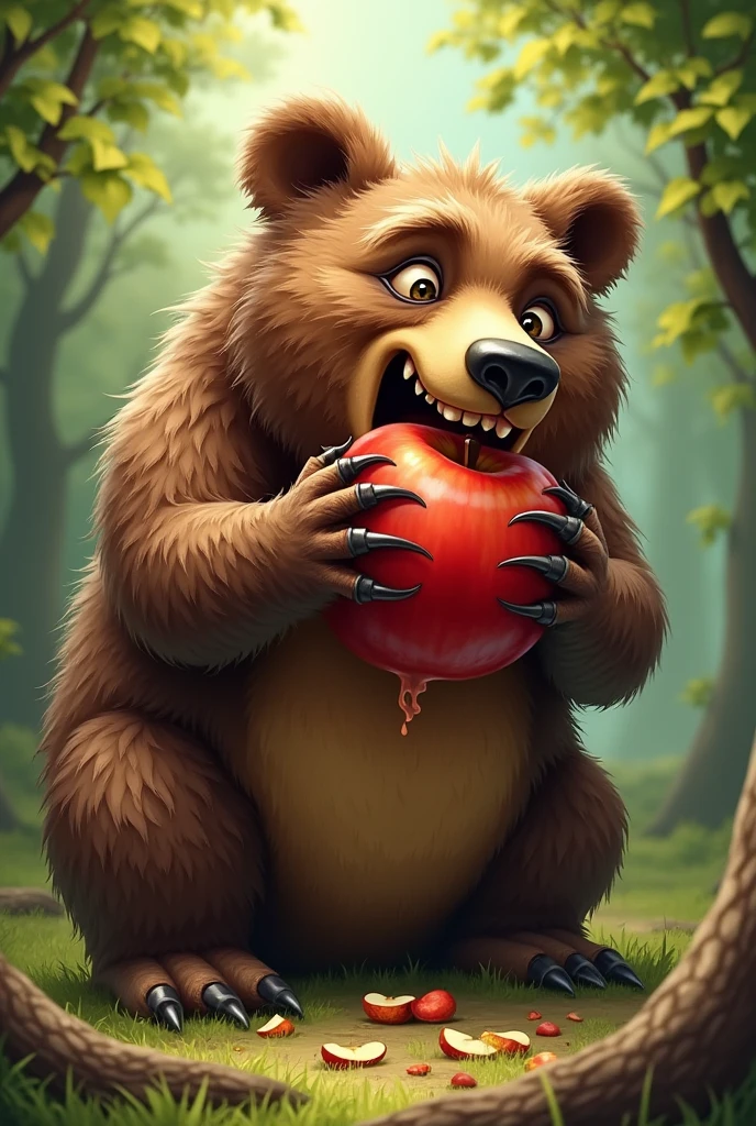Create a bad bear eating an apple 