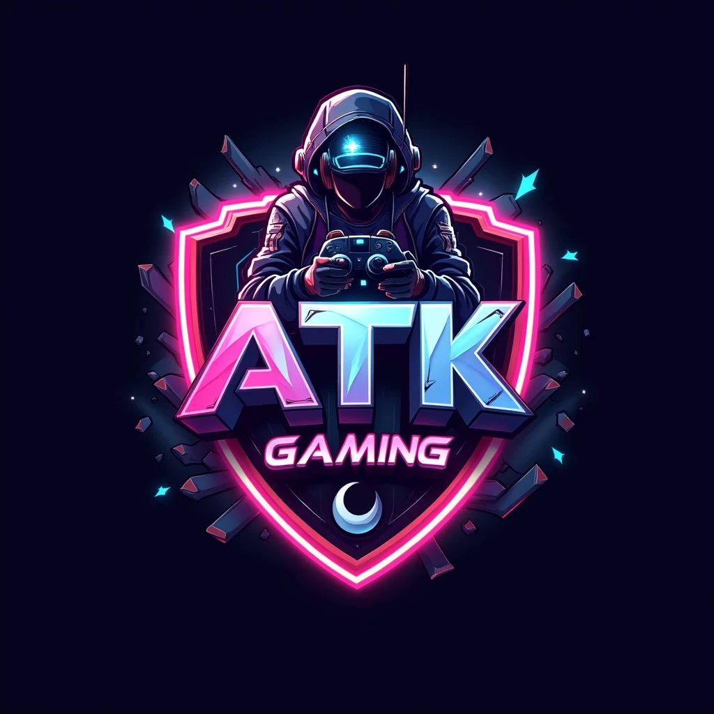 This is a gaming logo that features the name “ATK GAMING” in a futuristic font and a pink blue color and free fire character Anime avtar, The logo also has a stylized controller icon and a Gaming PC setup in the background. The logo is designed to be attractive and eye-catching, and to appeal to gaming enthusiasts and YouTube viewers. I hope you like it.