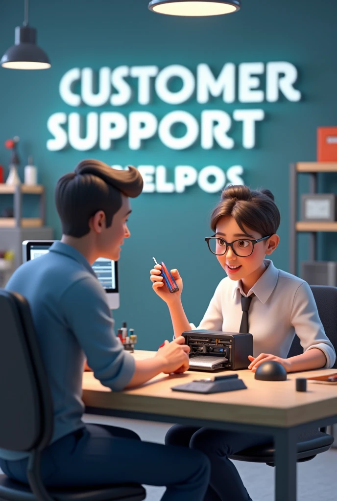 3D animation Good Technical Room with big text "Customer Support Axelpos" in the wall
With a technichian in front of the laptop and beside many part hold the screw driver for repair broken mini printer