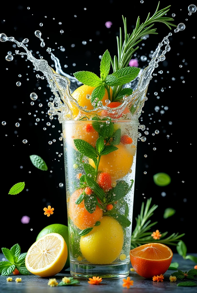 (Movie-like photos:1.3) of (Realistic:1.3) a studio shot of a (explode:0.2) (Low gravity of fruit:1.1) (Splash:0.9) A glass of water with lots of herbs, Mint, basil and rosemary、Contains lemon and lime, Splash Image, Full Color, In Kamba, splashes of liquid, Drink, Mint and basil and flower, Next to lemon and lime and flower, Strong colors, ticker, Invoking joy, Water swirls, Fred Marcellin, Top selection when splash is removed, professional food photography, Artistic photography. Black background，Many flowers on the table、