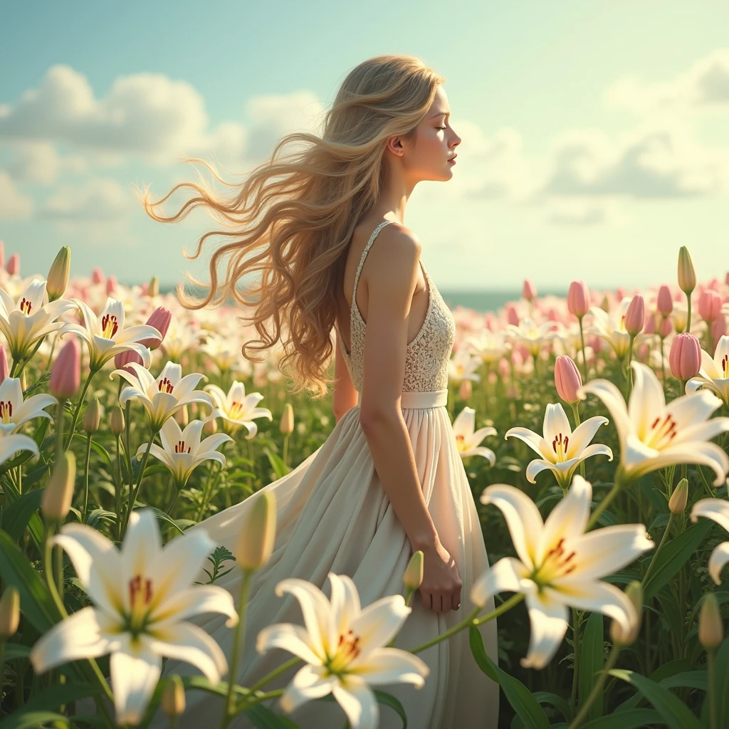 สำหรับภาพwomanสดใสในทุ่งดอกลิลลี่ โดยมีรายละเอียดดังนี้:

1. **background**: The field of lilies is full of white and pink flowers. The fields are interspersed with romantic and refreshing scents. 2. **woman**: 
   - **Hair style**: Long blonde hair, Let it fall in natural waves - **set**: ใส่setยุโรปย้อนยุค เช่น setกระโปรงยาวสีอ่อน ใส่คอนเซ็ปต์
   - **stance**: Standing with your back to the bright colors and pleasant atmosphere will make the picture look more lively and beautiful.