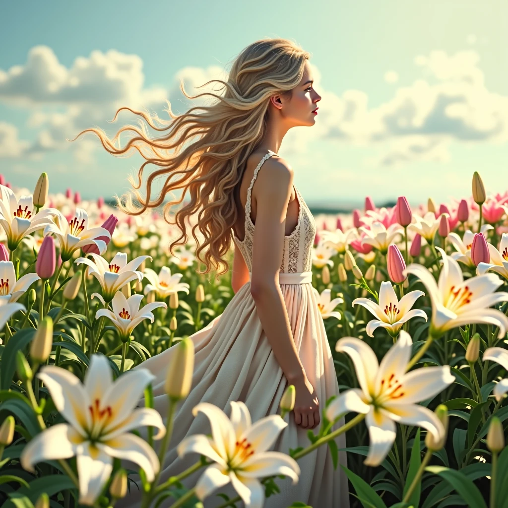 สำหรับภาพwomanสดใสในทุ่งดอกลิลลี่ โดยมีรายละเอียดดังนี้:

1. **background**: The field of lilies is full of white and pink flowers. The fields are interspersed with romantic and refreshing scents. 2. **woman**: 
   - **Hair style**: Long blonde hair, Let it fall in natural waves - **set**: ใส่setยุโรปย้อนยุค เช่น setกระโปรงยาวสีอ่อน ใส่คอนเซ็ปต์
   - **stance**: Standing with your back to the bright colors and pleasant atmosphere will make the picture look more lively and beautiful.