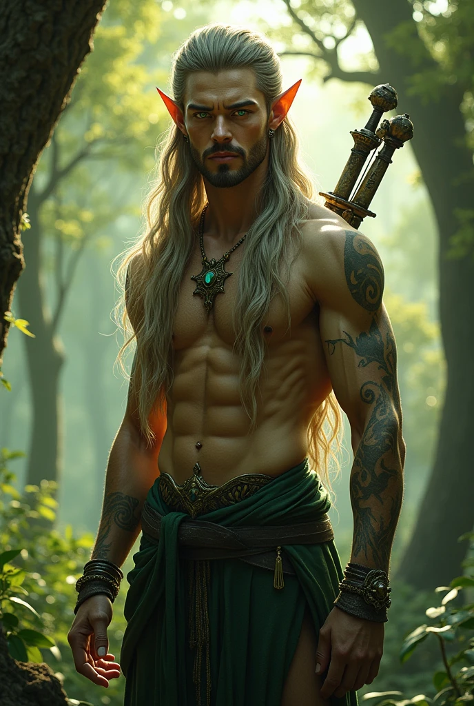 Long-haired elf with green eyes, tall and extremely handsome man, with muscles and about 3 