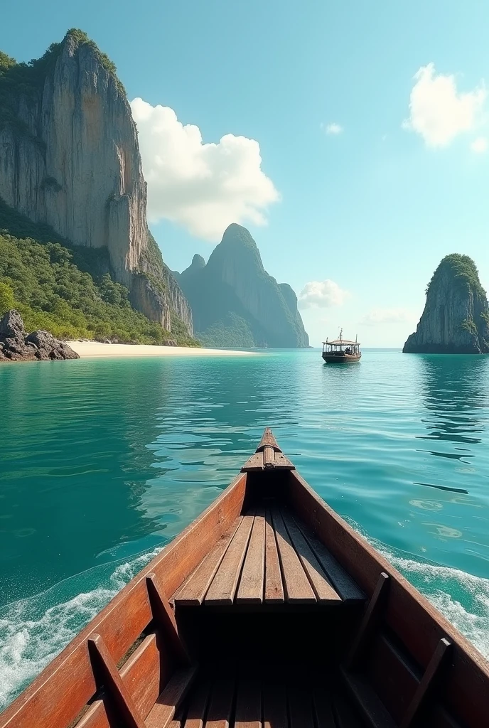 Shipping on a boat in the water in kuba, rocks and beach, view from the boat, realistic