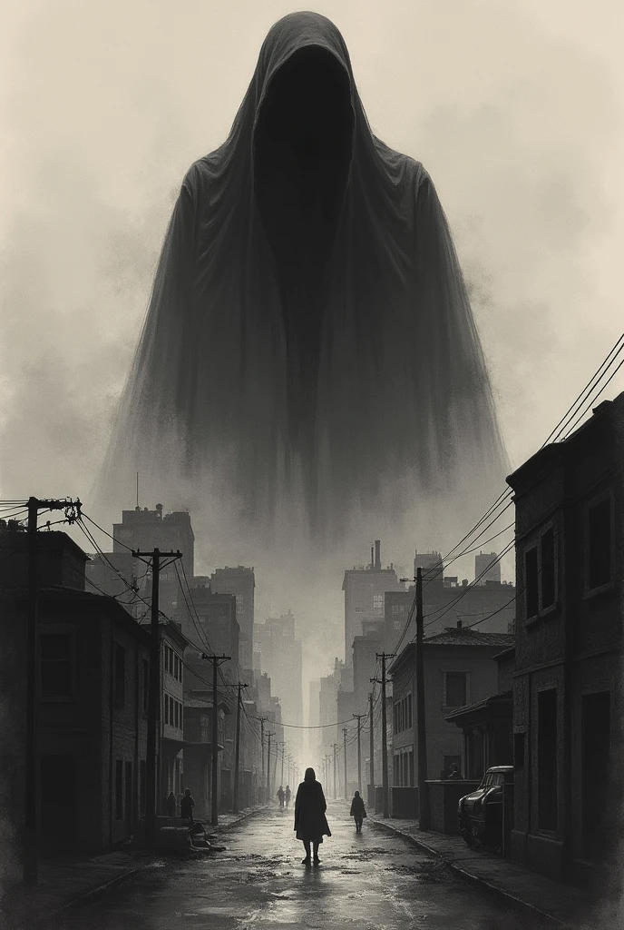 A dark shadow approaching the city, representing genocide in drawing