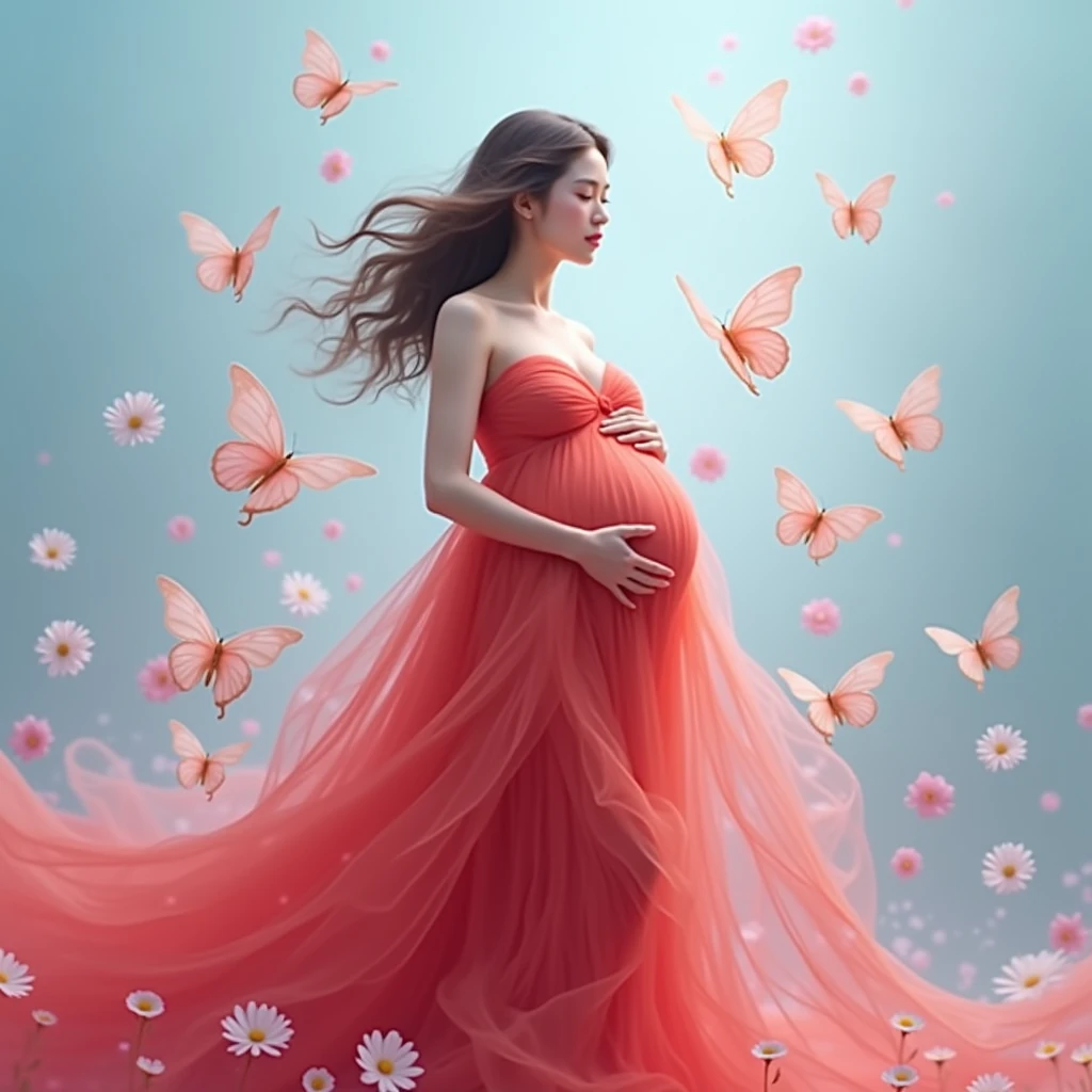 red gown , A pregnant woman stands amidst a flurry of pink and white butterflies, her flowing red dress cascading around her like a waterfall. She cradles her belly with both hands, embodying the serene beauty of anticipation. The backdrop is a soft blue gradient, adorned with scattered flowers in hues of pink and white, enhancing the ethereal atmosphere.