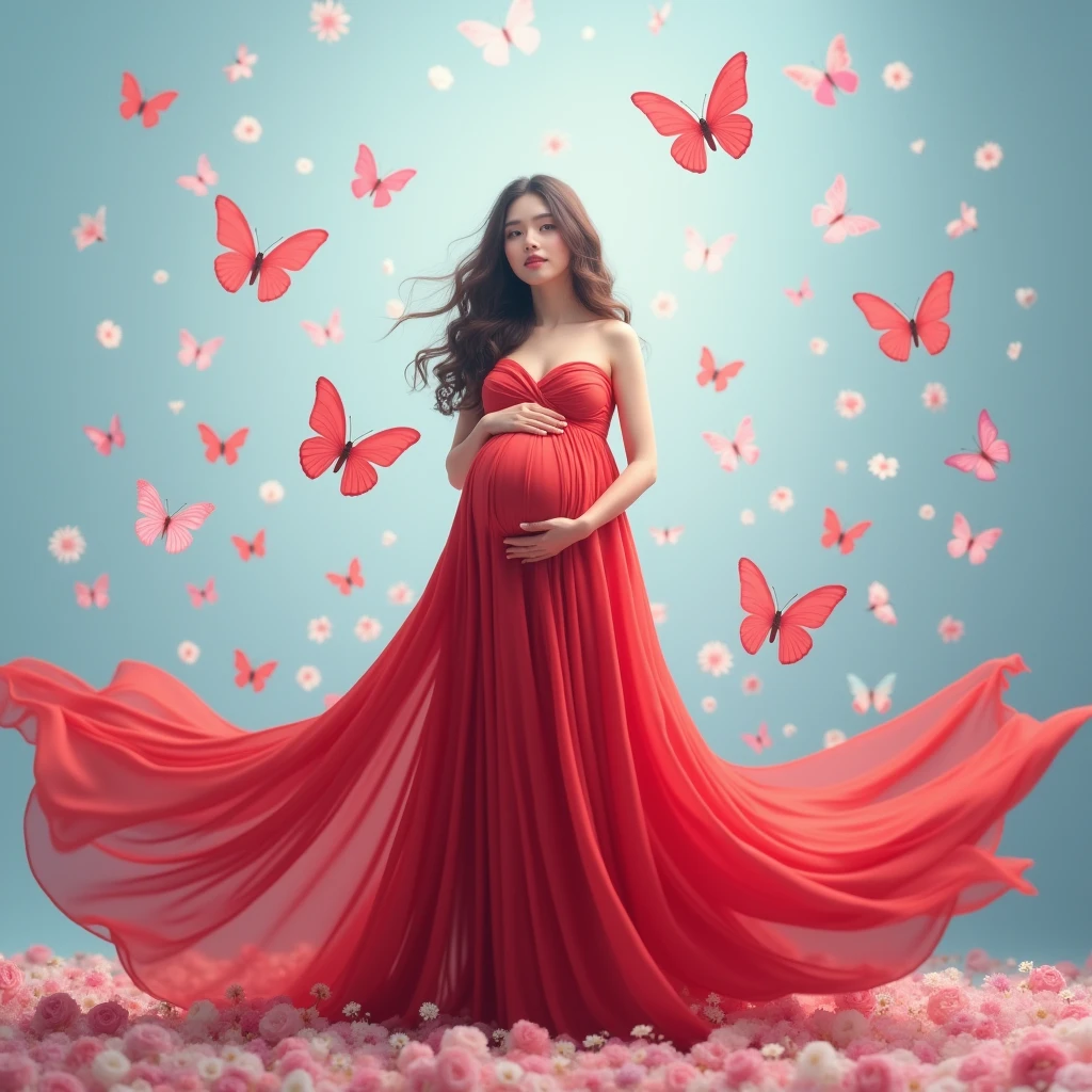 red gown , A pregnant woman stands amidst a flurry of pink and white butterflies, her flowing red dress cascading around her like a waterfall. She cradles her belly with both hands, embodying the serene beauty of anticipation. The backdrop is a soft blue gradient, adorned with scattered flowers in hues of pink and white, enhancing the ethereal atmosphere.
