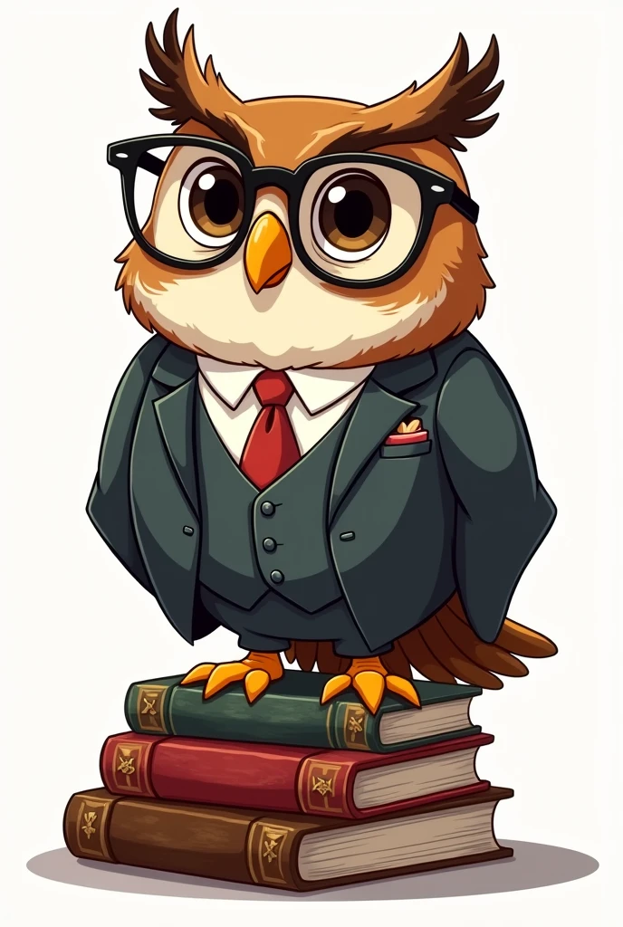 An owl wearing a suit and glasses on top of some books, cartoon