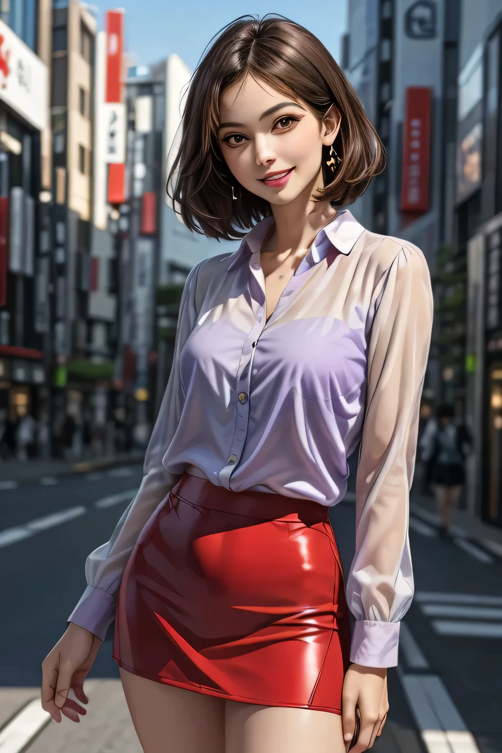 (1 The Ultimate Beautiful Mature Woman), Very detailedな顔, Beautiful brown eyes, double eyelid, Slightly thick detailed lip, Short black hair, (Light purple blouse:1.2), (Red tight mini skirt:1.4), Large Breasts, smile, Thighs, Perfect lighting, (Realistic:1.4), (Very detailed), (Highest quality), (Best Shadow), (masterpiece), Ultra-high resolution, With background: ((Ginza Art Gallery, Tokyo))