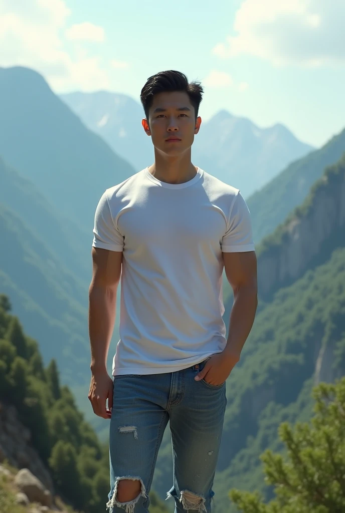 A handsome korea man with a clean face, very short black hair with the sides faintly visible, Ideal muscular body,Wearing a T-shirt, slightly torn jeans, sneakers, with a Hollywood mountain background. Realistic hd 