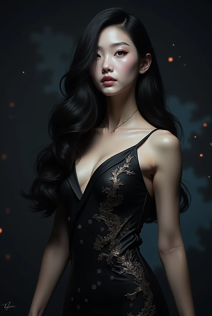 dark techno, cyberpunk,「Realistic image of a Asia Model She is elegant, pale, Perfect and long skin, Flowing black hair that blends with the surrounding shadows. Her kimono is exquisite and meticulous down to the last detail.., dark, Relaxing dark blue and black tones, Exquisitely decorated, Negative patterns that indicate a connection to the supernatural.