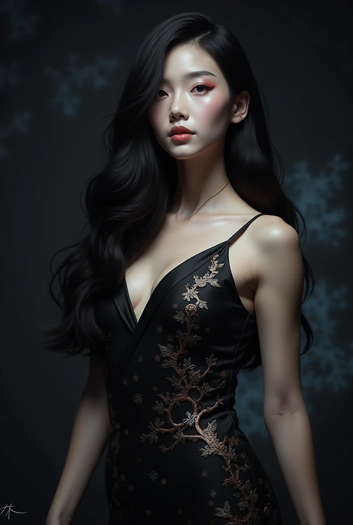 dark techno, cyberpunk,「Realistic image of a Asia Model She is elegant, pale, Perfect and long skin, Flowing black hair that blends with the surrounding shadows. Her kimono is exquisite and meticulous down to the last detail.., dark, Relaxing dark blue and black tones, Exquisitely decorated, Negative patterns that indicate a connection to the supernatural.