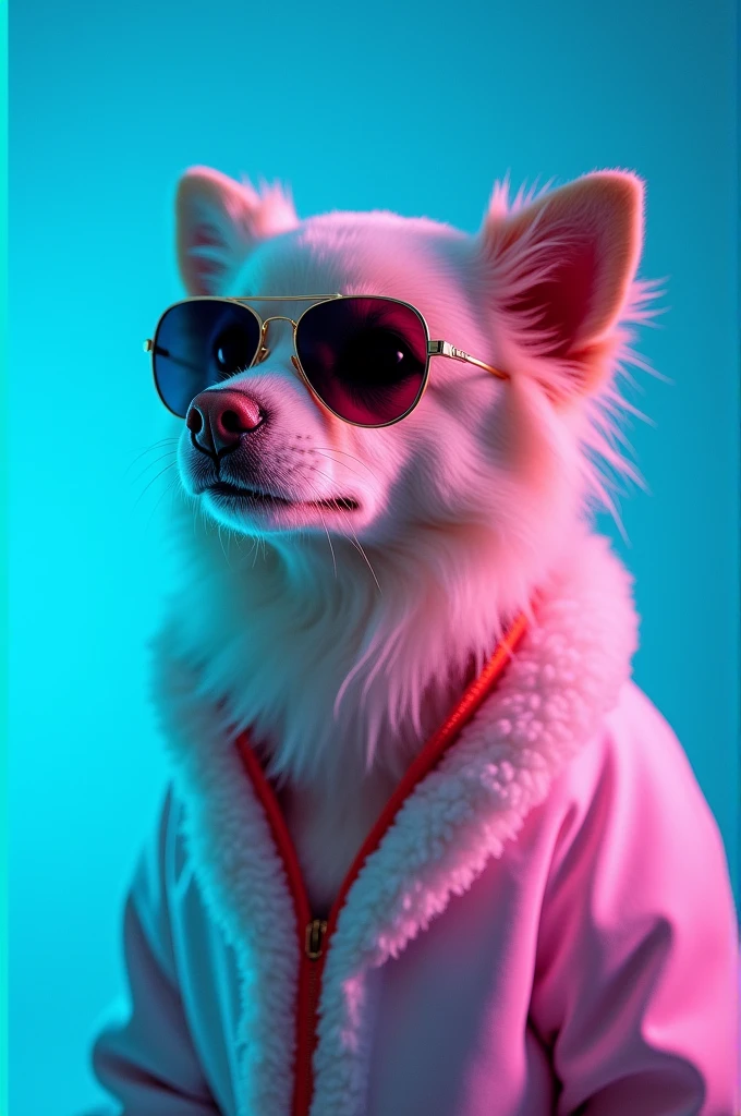 The best cell phone wallpaper, Award-Winning Wallpaper, portrait photography, In the front view is a portrait of a cute dog wearing mid-1960s space age fashion, Side view photo, Shot with Canon EOS R5, Set a strong contrast that accentuates the subject, Fluorescent blue tone, Wearing a very modern coat and sunglasses is a modern 1960s style, Clothes all in one color, beautiful background