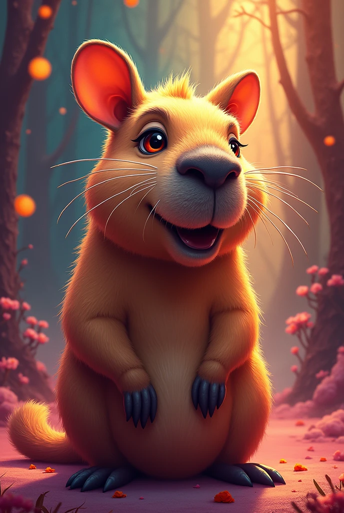 a humorous and exaggerated capybara, a caricature, a fun portrait, bold lines, vivid colors, against a pristine acid-neon brown background, 2D, dynamic pose, dramatic lighting, extreme detail,fantasy, digital painting, colorful, whimsical, playful, cute, adorable, anthropomorphic, expressive, quirky, vibrant, surreal, dreamlike, imaginative