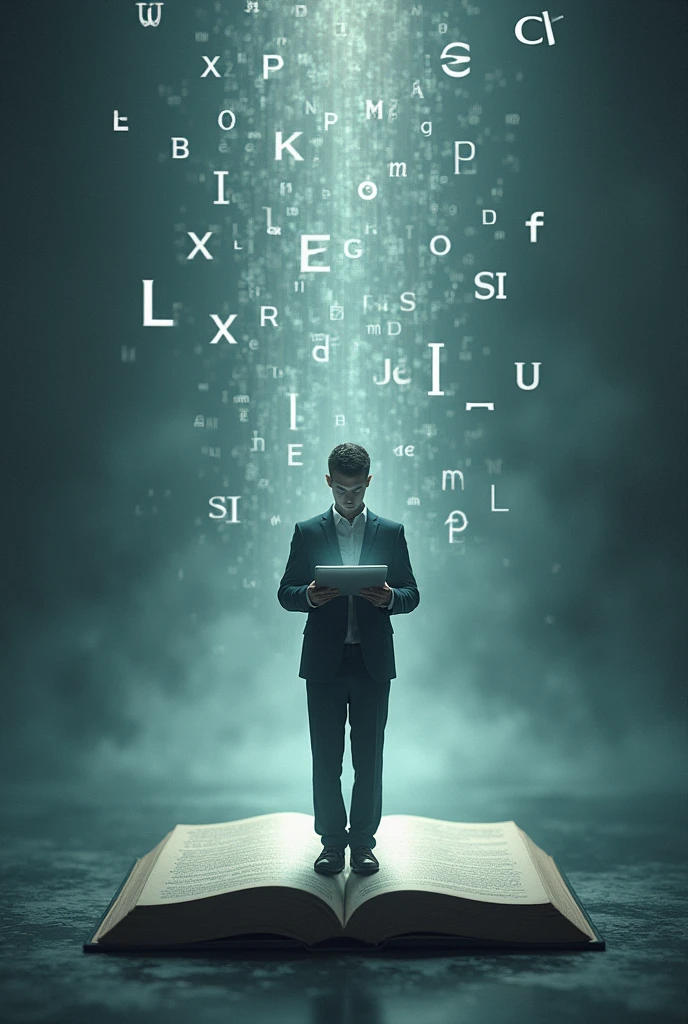 A complex image with a simple big meaning, letters falling on digital on a computer keyboard , a man standing on a book holding a tab