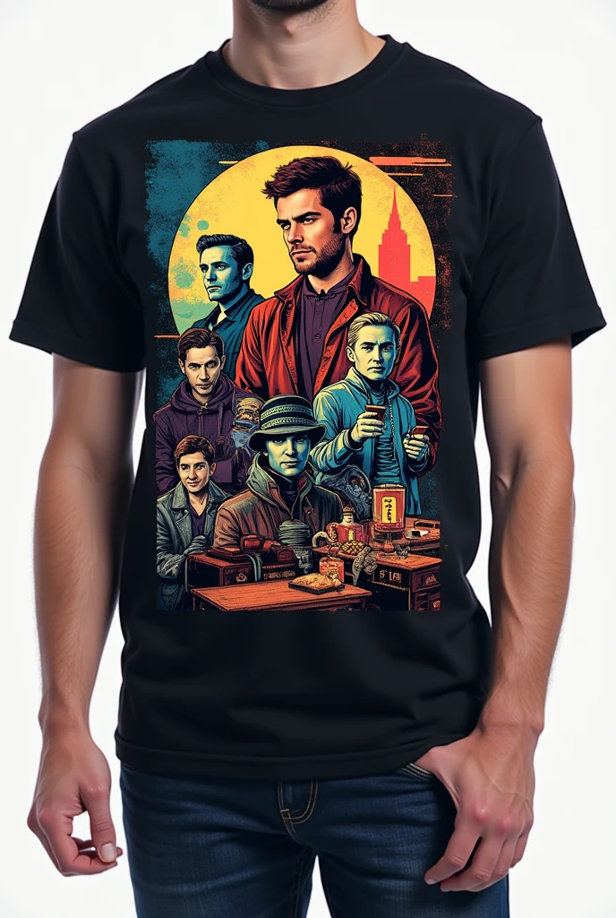 Develop a T-shirt design that references a popular TV show or meme. Use iconic imagery or quotes from the show, and blend them with a unique artistic style, such as pixel art or comic book style. Ensure the design is playful and recognizable, appealing to fans of the reference while also standing out as a stylish piece of clothing."