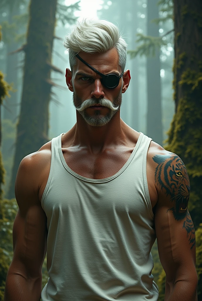 Slade Wilson eye patch young white hair scar in a lost abandoned forest background photo for profile mustache young man fanart style white tank top clothes tiger tattoo on shoulder 