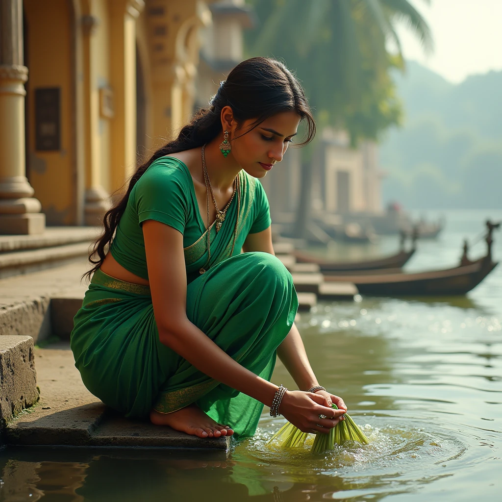 A woman who is washing cloth on the ghat who looks very beautiful and she is wearing a sari is green