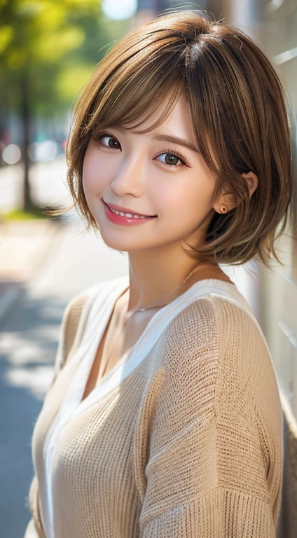 Happy smile seeing this、In the city、(Highest quality,8K quality,masterpiece:1.3,),(Ultra-high resolution:1.3,Realistic:1.4,RAW Photos:1.2),(Very detailed:1.2,Glowing Skin,Detailed skin:1.1),(Detailed face,Perfect ???????,Caustics:1.2),,1 person,cute,Japanese,1,Japanese Ido,brown hair, [(gradient hair from brown to blonde:1.4):0.4], medium hair,Curl short hair outward,cute目,Natural Makeup,bright casual clothes,Laughter,Looking into the camera,On the face,Face Focus,Professional Lighting,Natural soft light,