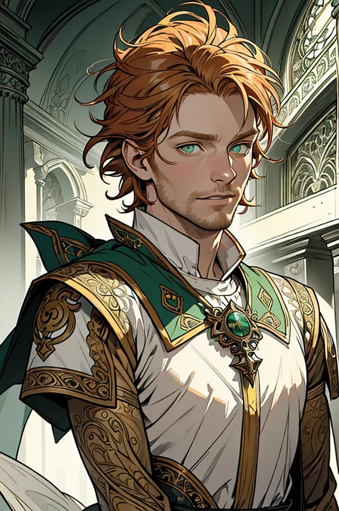 (masterpiece),(Very detailed),(Very detailed),(best quality), perfect lighting, fantasy priest 40 years old, solo ((short messy ginger hair)), tall, stunning, beautifull face, green eyes, fantasy clothing, animated style, perfect face, highest detail, stubble, detailed face, intricate details, expresionless