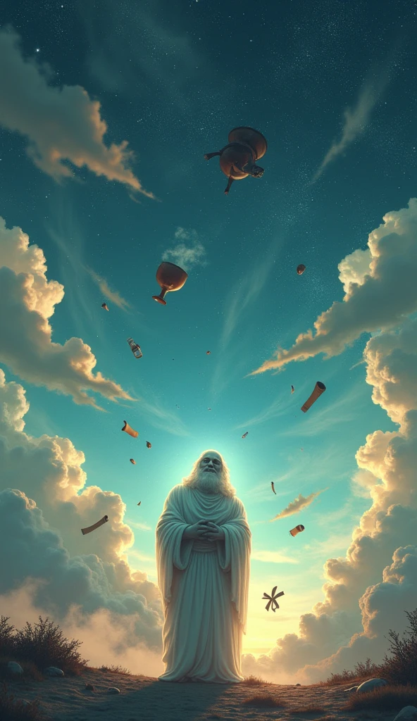 Close-up shot, Low angle shot, (A surreal, dreamlike landscape where the boundaries between reality and imagination blur. In the foreground, a ghostly image of Chrysippus stands with a knowing smile, surrounded by floating objects—a donkey, a wine cup, and scrolls—symbolizing the absurdity and unpredictability of life. The background is a vast, starry sky with swirling clouds and shifting colors, creating a sense of cosmic mystery and wonder. The overall mood is both whimsical and profound, inviting contemplation on the deeper meaning of existence.) unreal engine, cinematic, hyper-real, highly detailed, Ultra realistic HD --q 2 --v 6.1 --ar 9:16  
