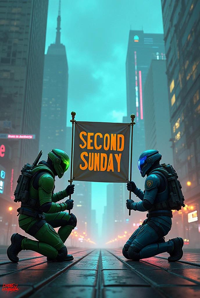 Cyberpunk Ingress enlightened agent wearing green and resistance agent wearing blue, kneeling down and holding a long banner that says SECOND SUNDAY