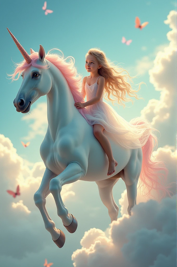 Create beautiful angle girl sitting on colourful unicorn house flying in cloud