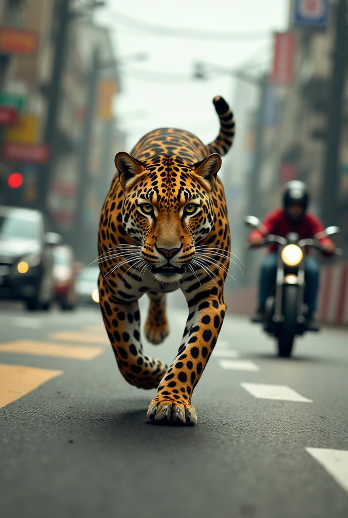 A leopard running across a street and almost being hit by a speeding motorcycle, both are speeding