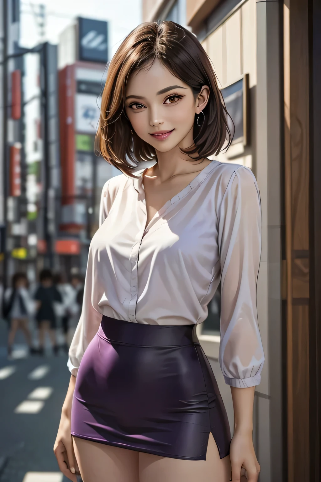 (1 The Ultimate Beautiful Mature Woman), Very detailedな顔, Beautiful brown eyes, double eyelid, Slightly thick detailed lip, Short black hair, (Light purple blouse:1.2), (Red tight mini skirt:1.4), Large Breasts, smile, Thighs, Perfect lighting, (Realistic:1.4), (Very detailed), (Highest quality), (Best Shadow), (masterpiece), Ultra-high resolution, With background: ((Ginza Art Gallery, Tokyo))