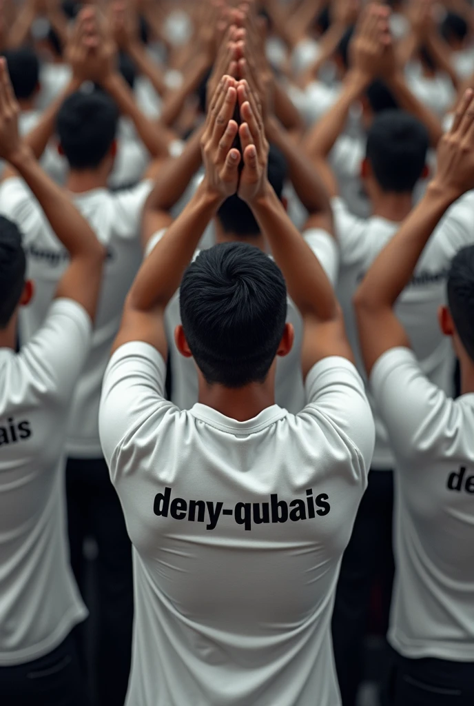 Men gathered, hands clasped upwards, white t-shirts, the back says "Deny-Qubais" in big letters