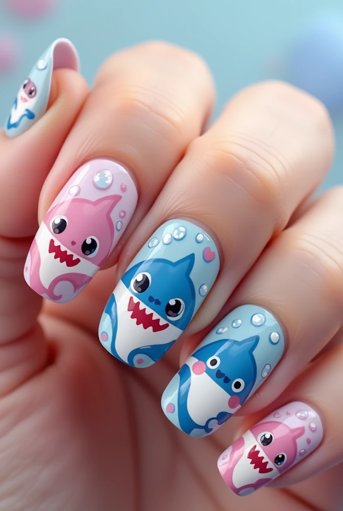 Kawaii shark design nails