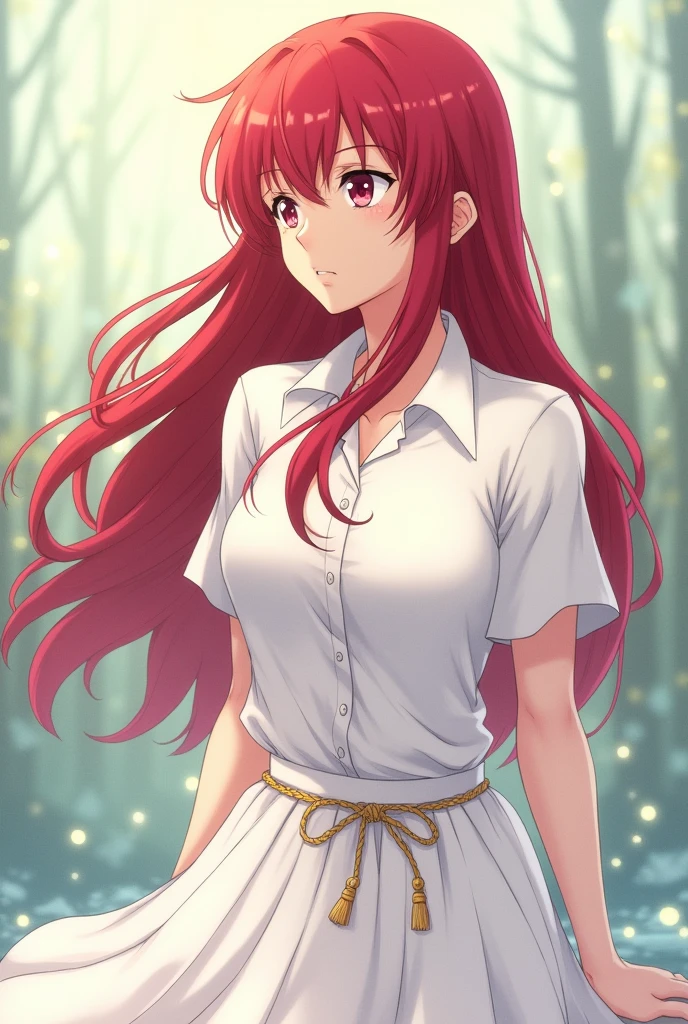 Animé fairy tail erza scarlet avec une chemise toute blanche et une jupe blanche attaché à une corde