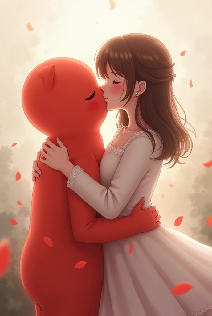 A brown haired girl kissing red satoru