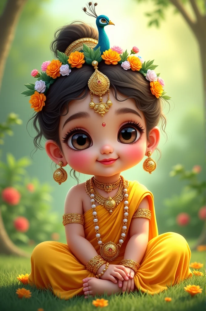 detailed digital illustration of a little baby girl, depicted with fair skin and adorned with traditional jewelry and accessories. Yellow traditional dress, The subject has 
Cute eyes, a small nose, and a small smile. The baby girl is wearing a peacock feather crown, floral garlands, and multiple gold necklaces. Sitting on grass ground, The background is a lush, green natural setting, adding to the divine and serene atmosphere.